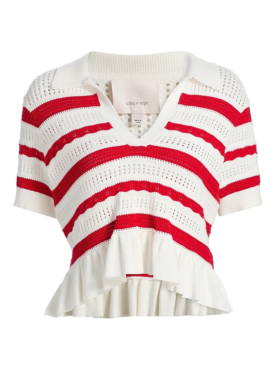 Cinq à Sept Women's Elvire Striped Pointelle Polo Sweater - Goji Berry | Image 1 Cinq à Sept Women's Elvire Striped Pointelle Polo Sweater - Goji Berry | Image 1