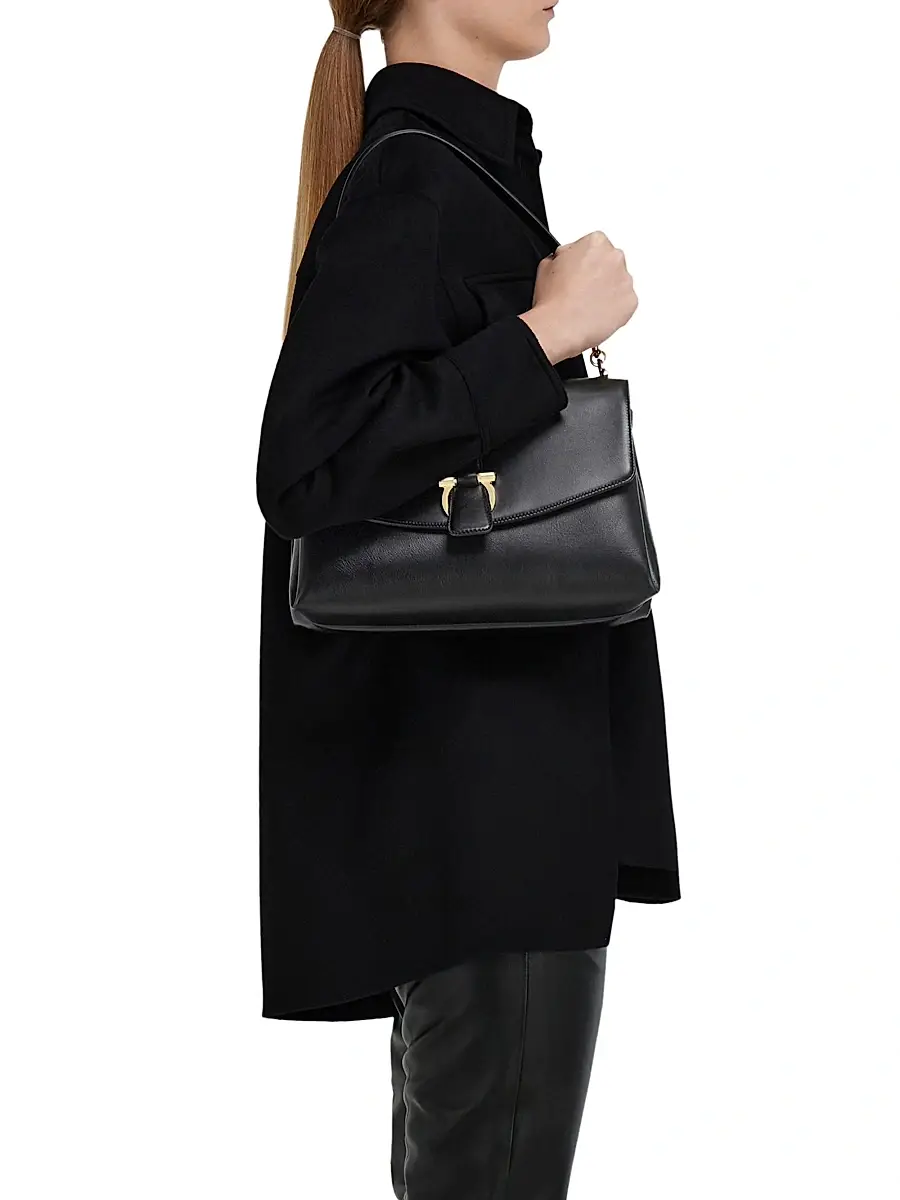 FERRAGAMO Women's Gancini-Buckle Leather Top Handle Bag - Nero | Thumbnail 2 FERRAGAMO Women's Gancini-Buckle Leather Top Handle Bag - Nero | Thumbnail 2