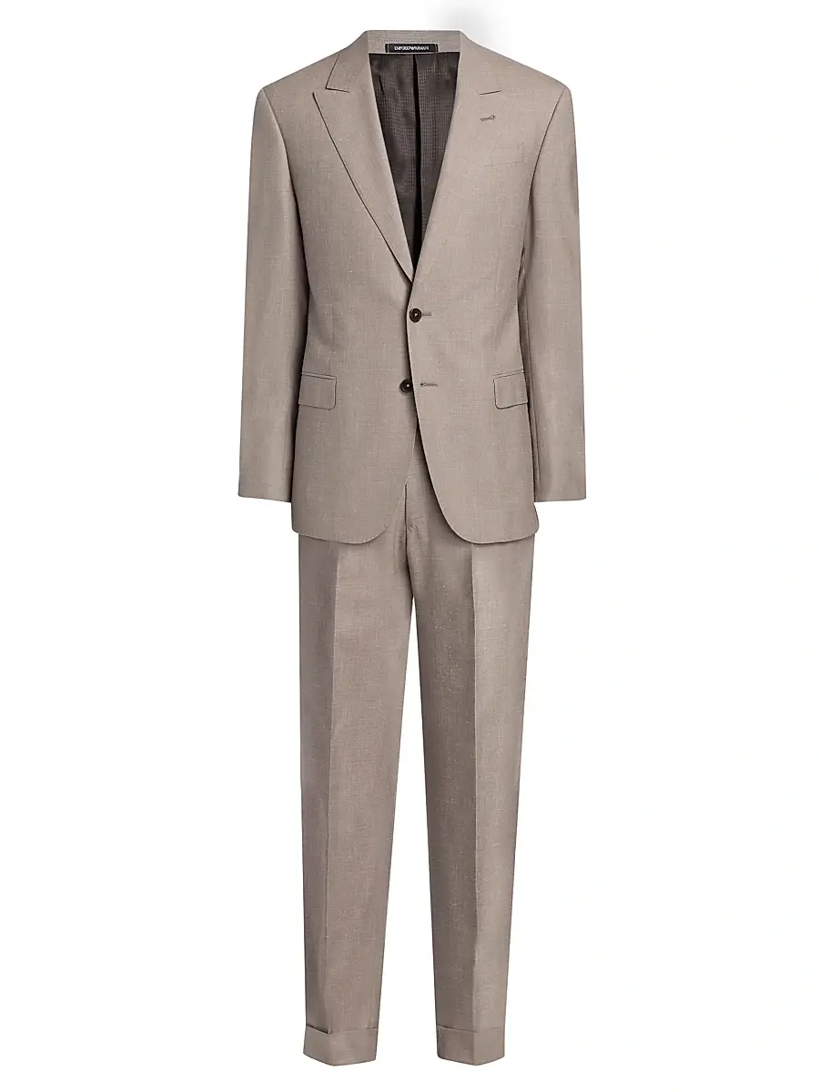 Emporio Armani Men's Tonal Textured Single-Breasted Wool, Silk & Linen Suit - Tan - Size 48 | Image 1 Emporio Armani Men's Tonal Textured Single-Breasted Wool, Silk & Linen Suit - Tan - Size 48 | Image 1