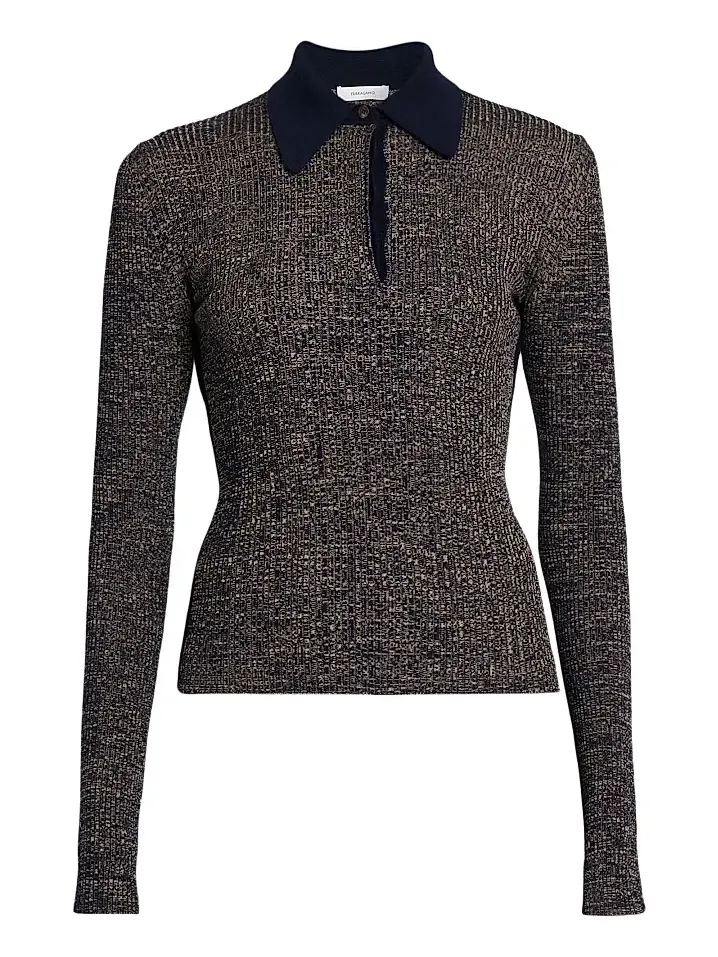 Women's Wool-Blend Rib-Knit Long-Sleeve Polo Top Women's Wool-Blend Rib-Knit Long-Sleeve Polo Top