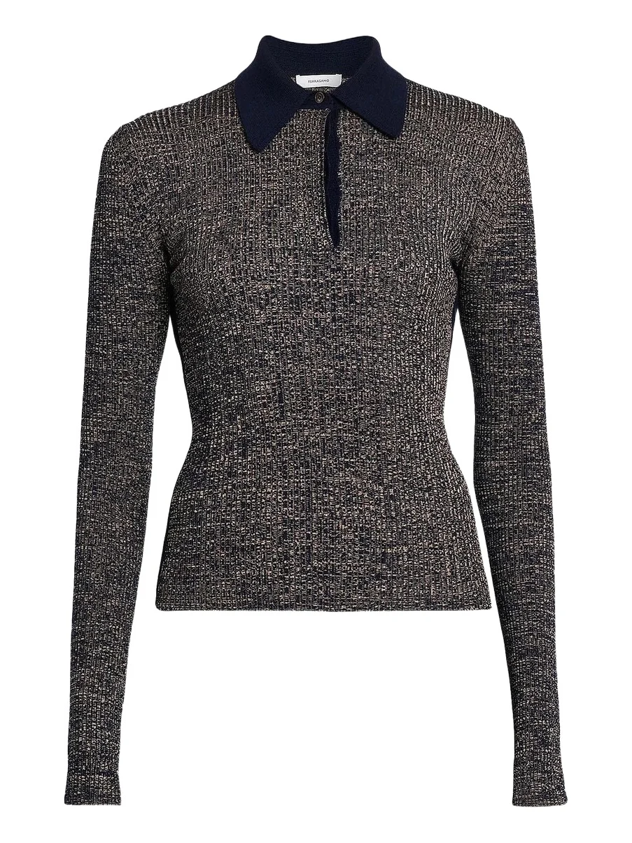 Women's Wool-Blend Rib-Knit Long-Sleeve Polo Top