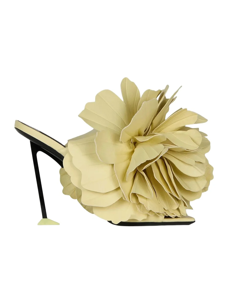 Givenchy Women's Boudoir Heeled Mules in Leather with Petals - Pale Yellow
