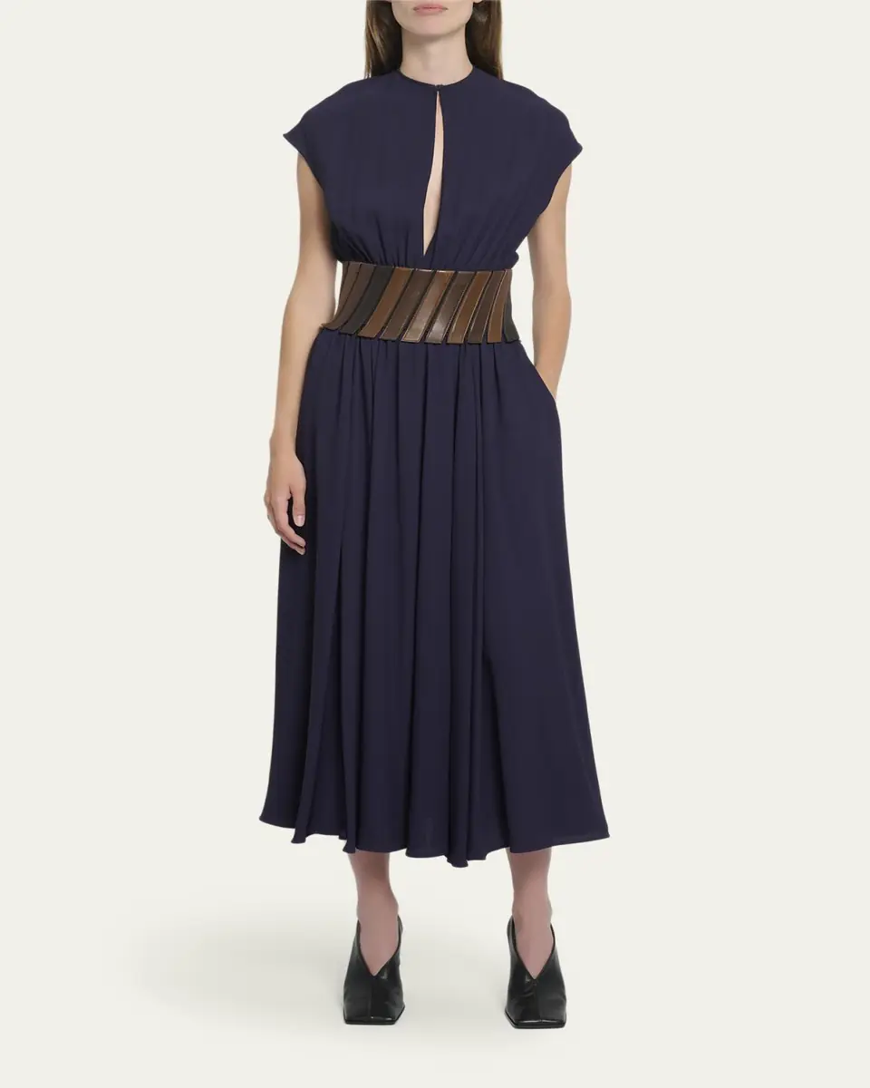 ALAÏA Leather Belted Cap-Sleeve Midi Dress | Thumbnail 2