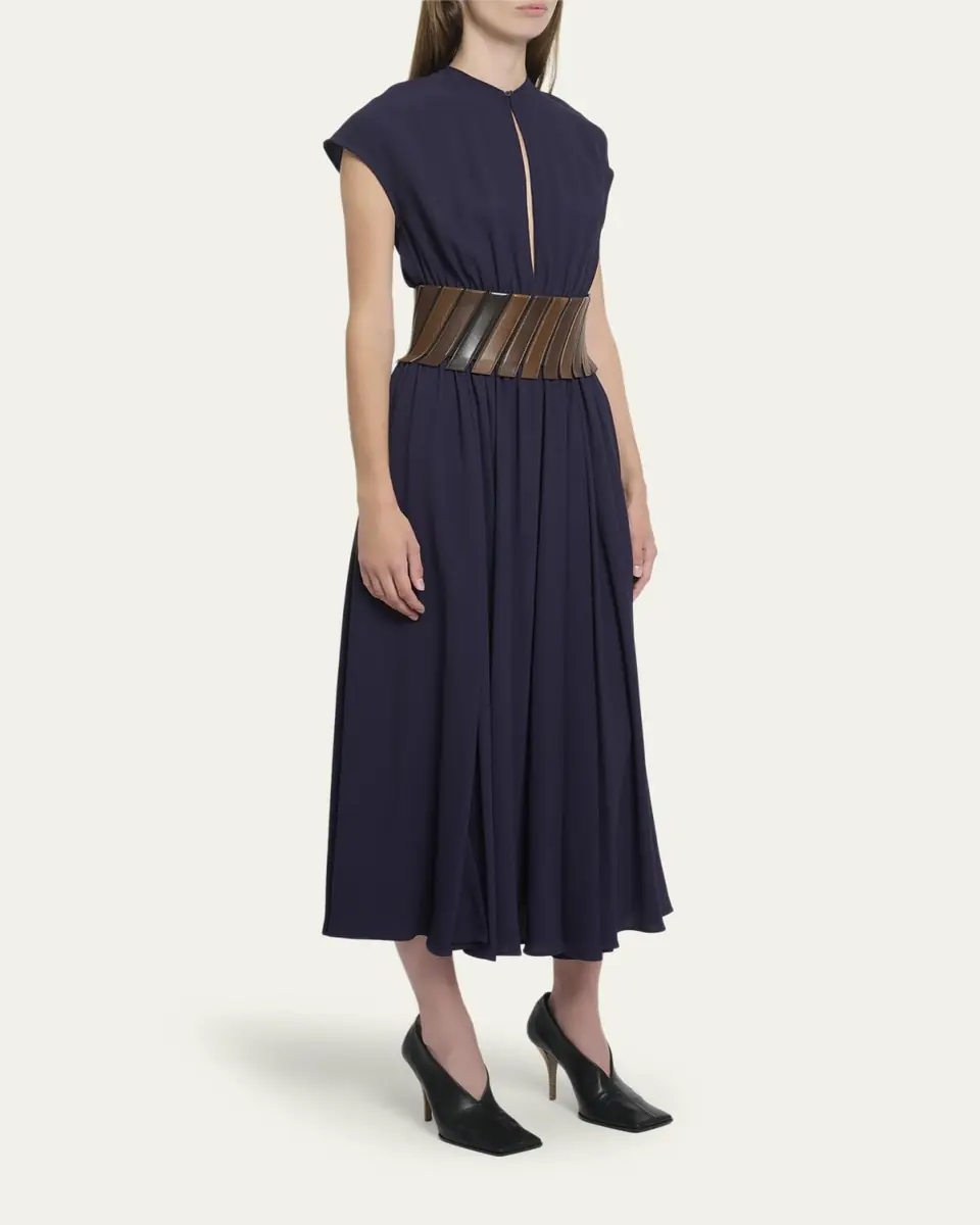ALAÏA Leather Belted Cap-Sleeve Midi Dress | Thumbnail 4