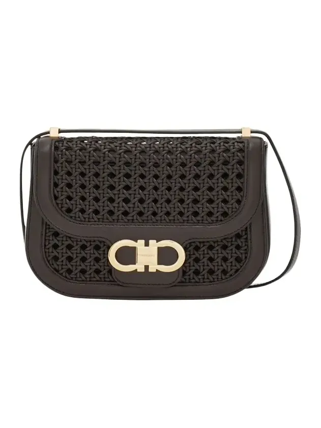 Double Gancini Woven Leather North-South Crossbody Bag