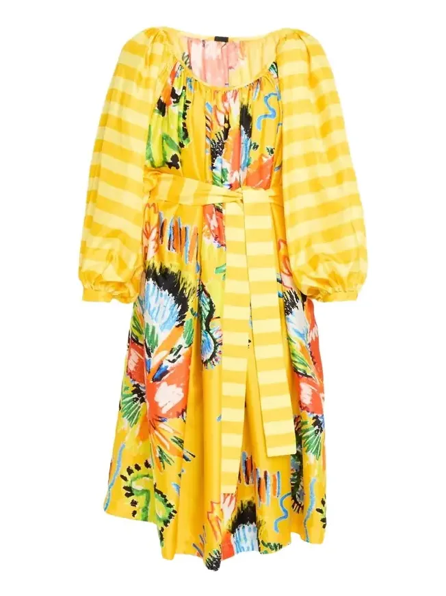 Rianna + Nina Tropical Striped Silk Balloon Sleeve Midi Dress