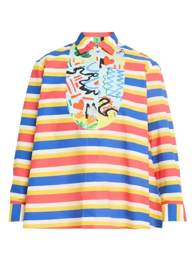 Rianna + Nina Tropica Striped Cotton Bib-Front Collared Shirt