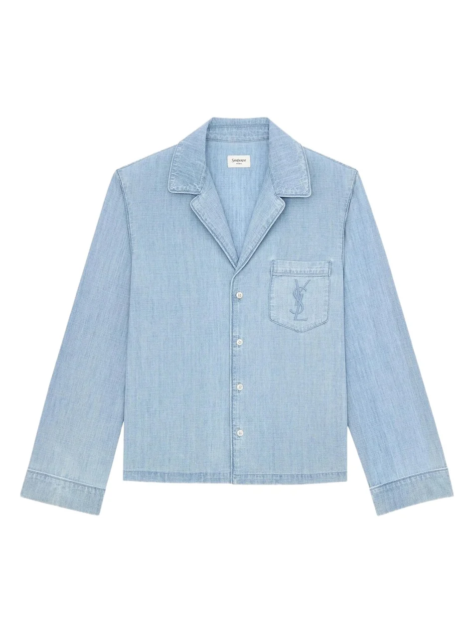 Saint Laurent Women's Cassandre Shirt in Chambray - Blue Grey Vintage