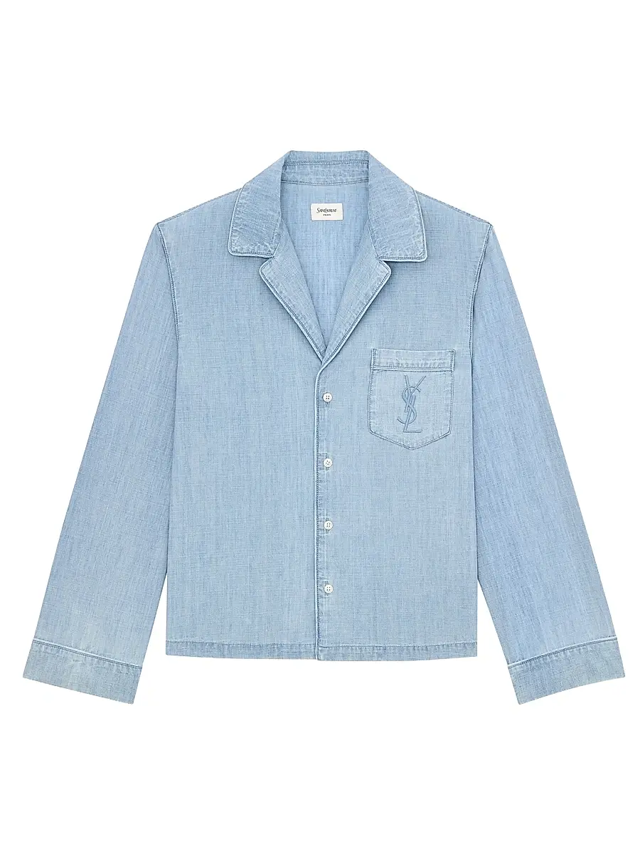 Saint Laurent Women's Cassandre Shirt in Chambray - Blue Grey Vintage