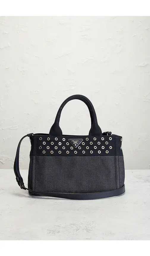 Prada Studded Denim Canapa Tote Bag | Thumbnail 2 Prada Studded Denim Canapa Tote Bag | Thumbnail 2