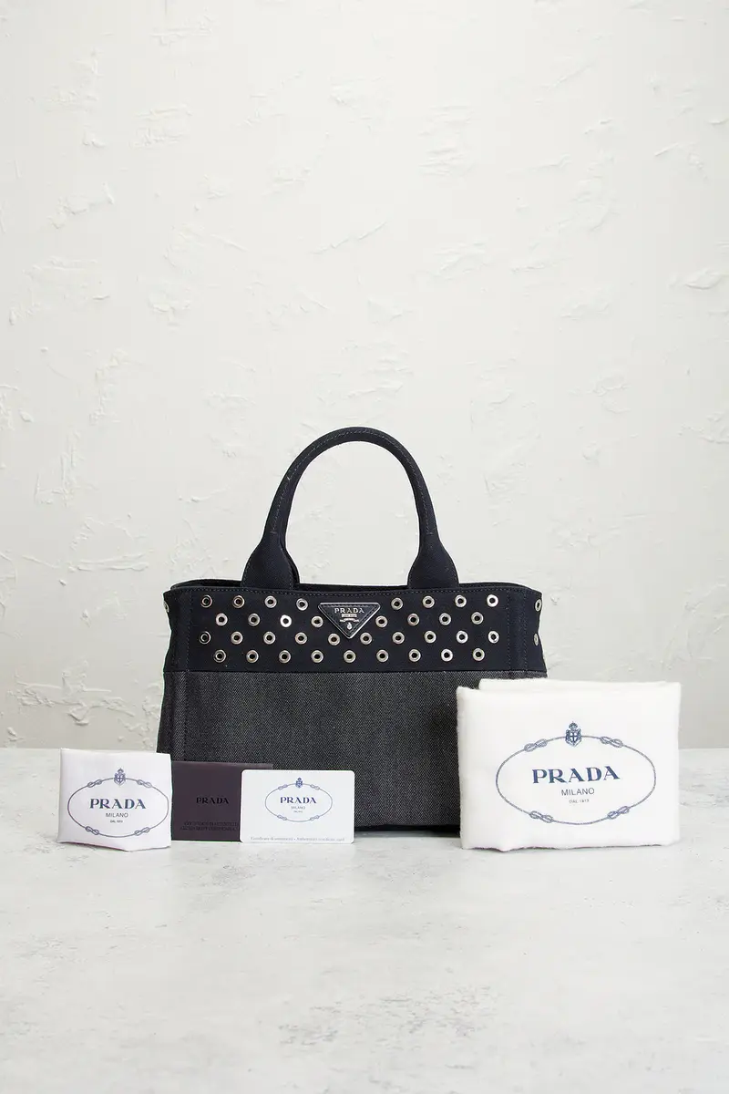 Prada Studded Denim Canapa Tote Bag | Thumbnail 10 Prada Studded Denim Canapa Tote Bag | Thumbnail 10