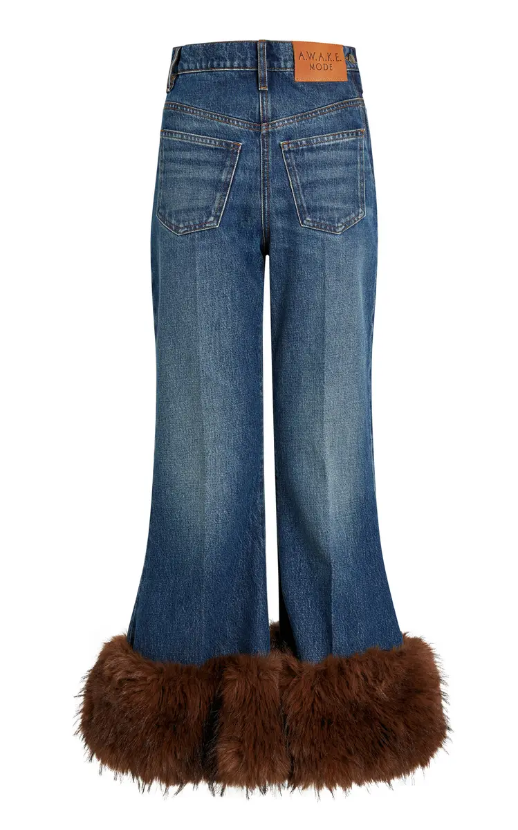 A.W.A.K.E. MODE Cropped Faux-Fur Trimmed Cropped Flared Jeans