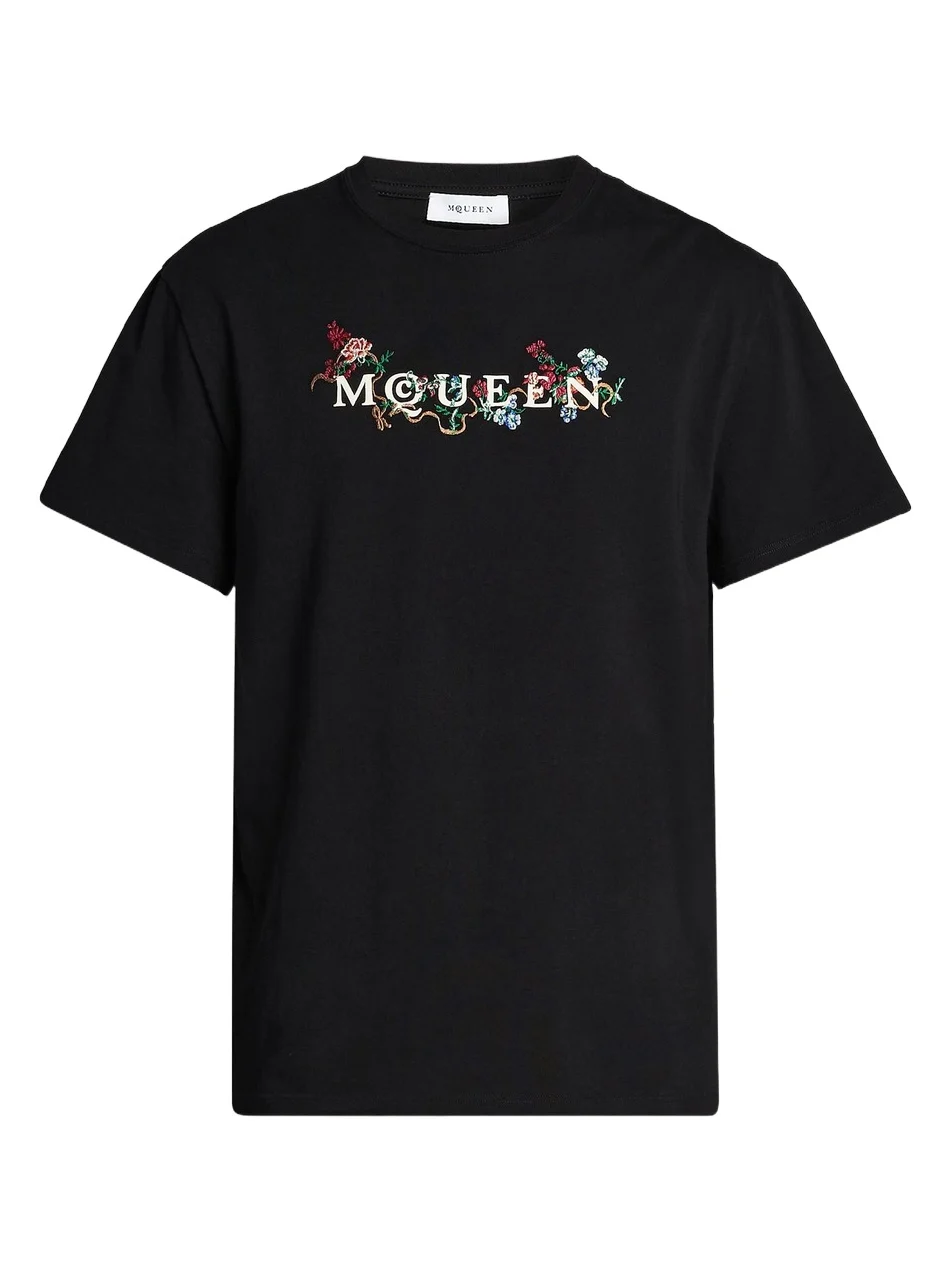 Alexander McQueen Men's Floral-Embroidered Logo Crewneck T-Shirt