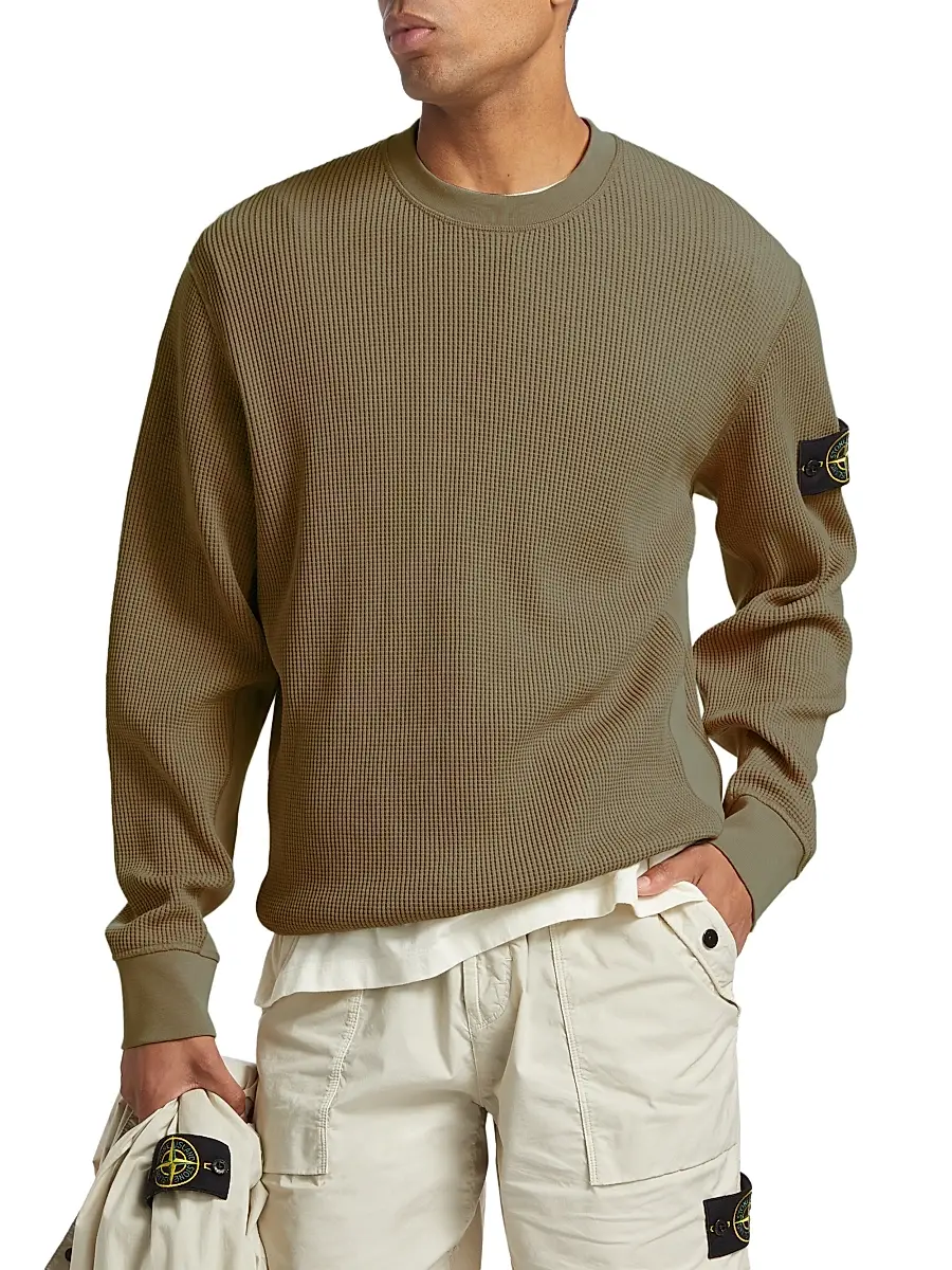 Stone Island Men's Waffle-Knit Crewneck Sweatshirt - Military Green | Thumbnail 3 Stone Island Men's Waffle-Knit Crewneck Sweatshirt - Military Green | Thumbnail 3