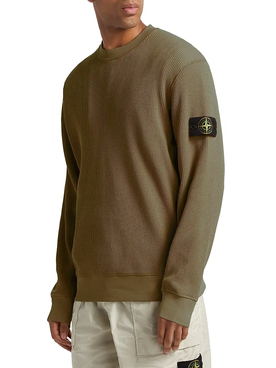 Stone Island Men's Waffle-Knit Crewneck Sweatshirt - Military Green | Thumbnail 4 Stone Island Men's Waffle-Knit Crewneck Sweatshirt - Military Green | Thumbnail 4