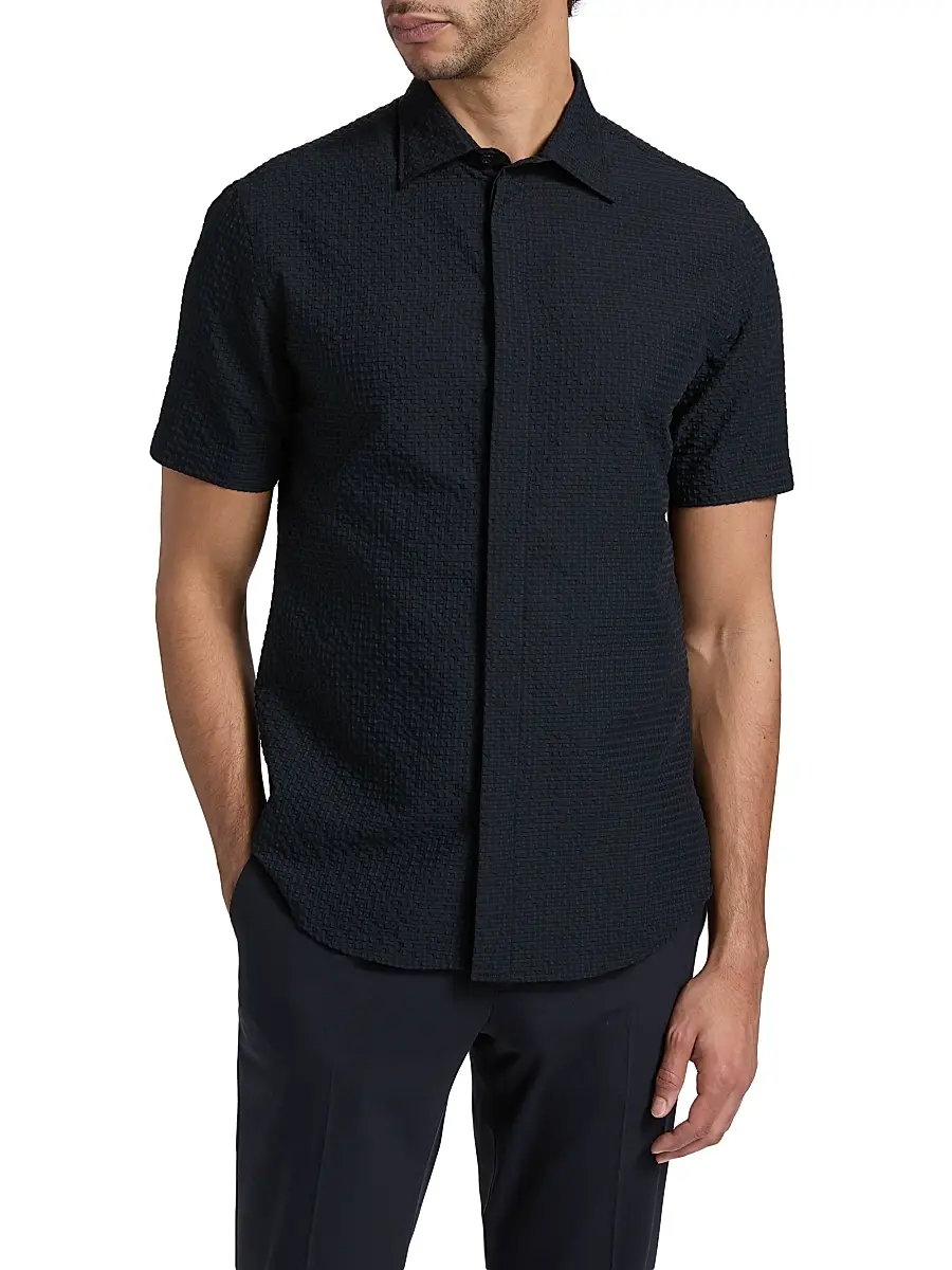 Emporio Armani Men's Textured Tech Seersucker Sport Shirt | Thumbnail 3