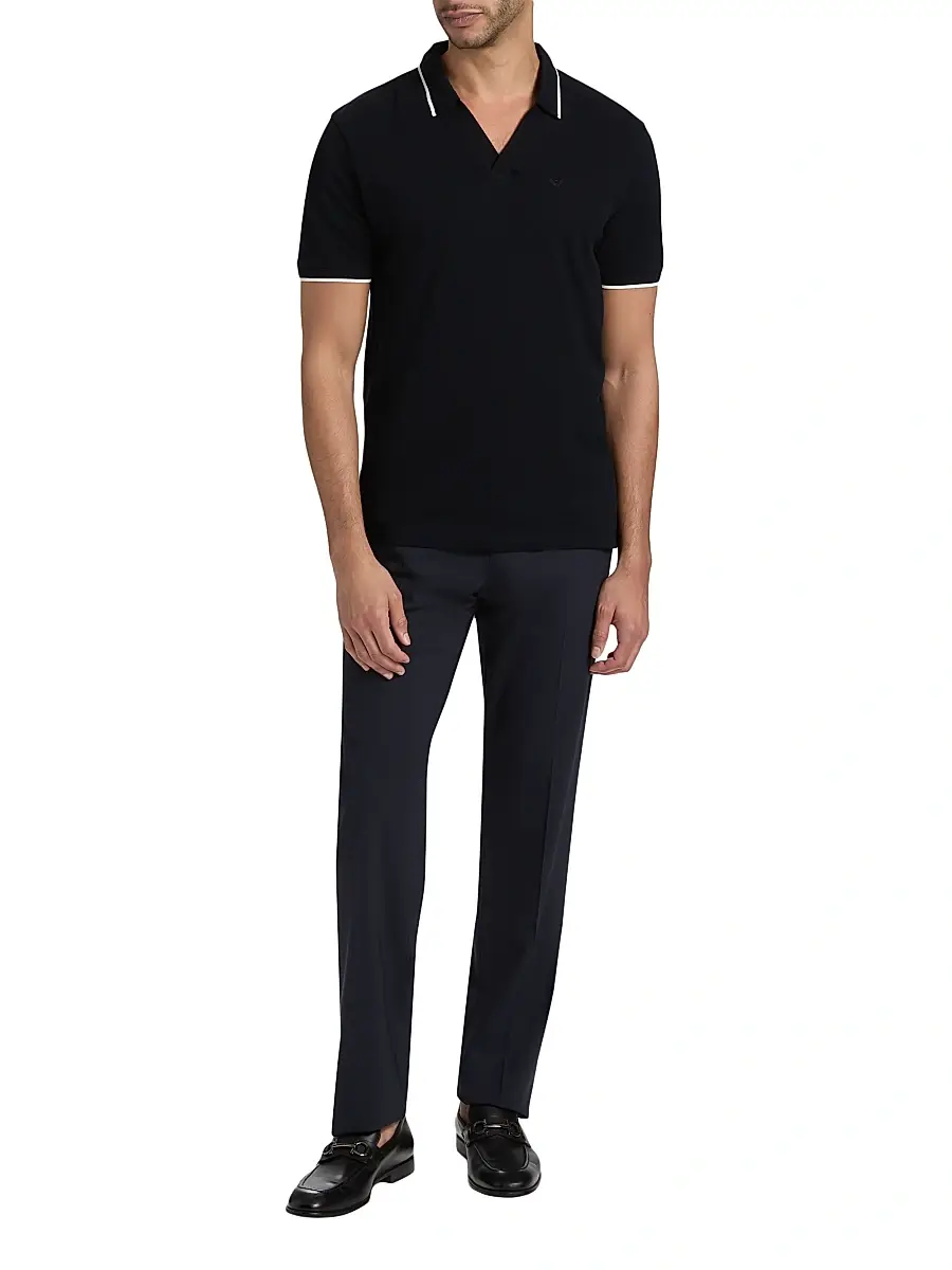 Emporio Armani Men's Piped Trim Cotton Johnny Collar Polo Shirt | Thumbnail 2
