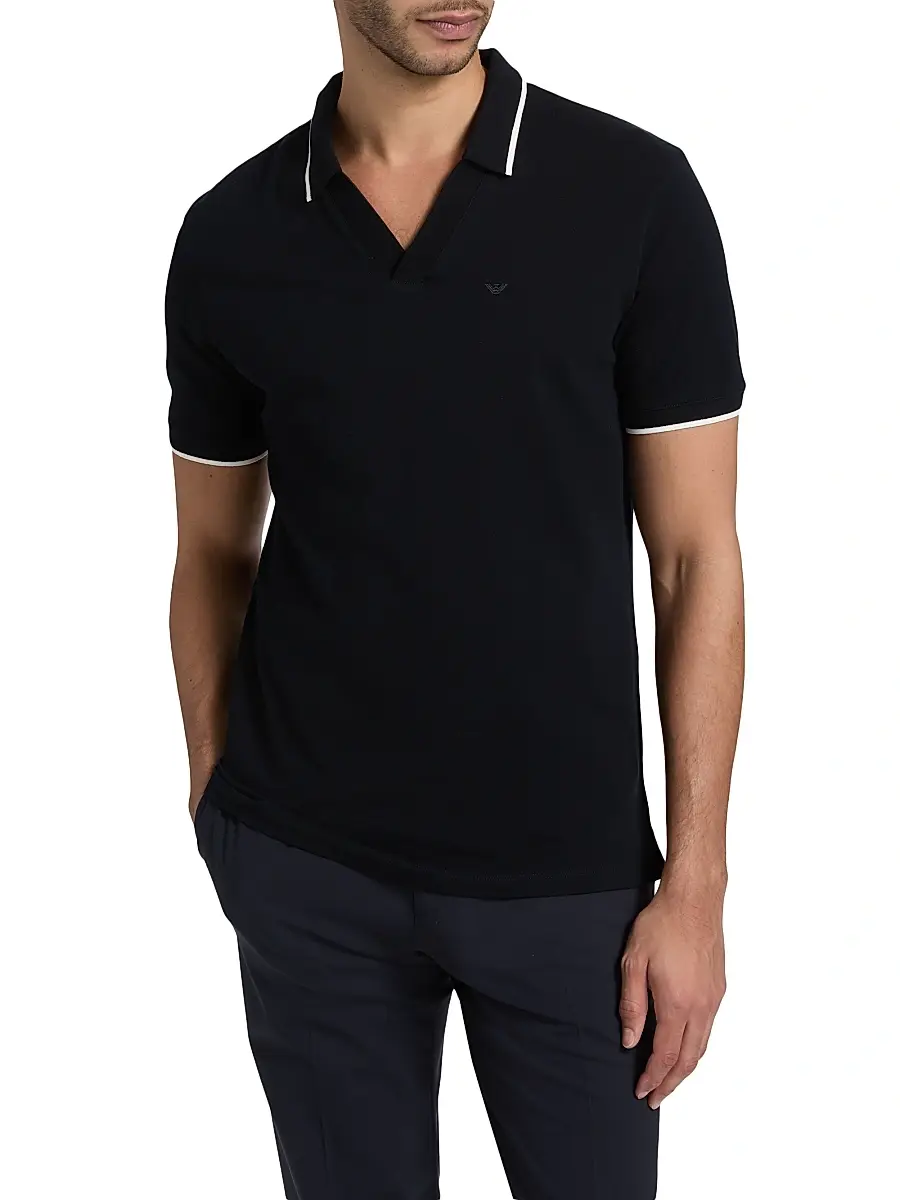 Emporio Armani Men's Piped Trim Cotton Johnny Collar Polo Shirt | Thumbnail 3
