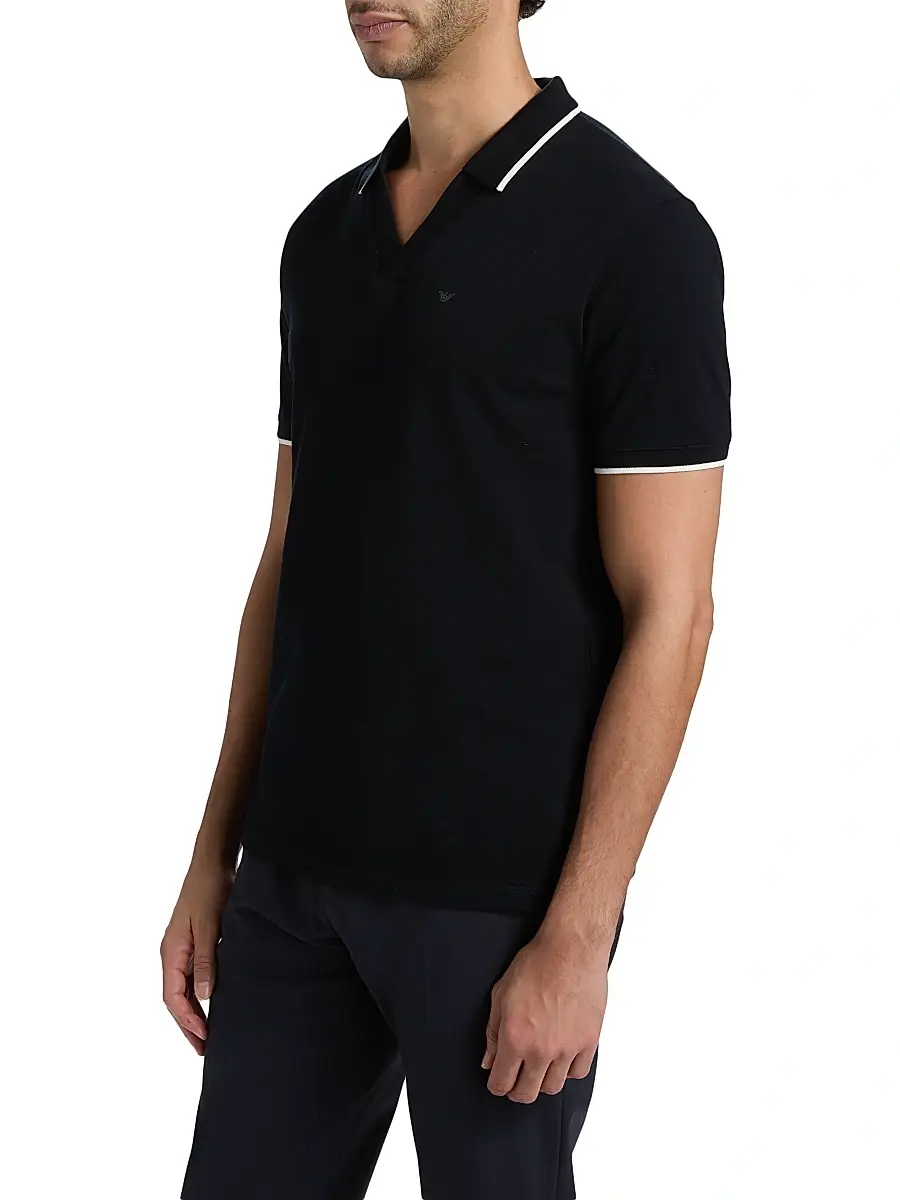 Emporio Armani Men's Piped Trim Cotton Johnny Collar Polo Shirt | Thumbnail 4