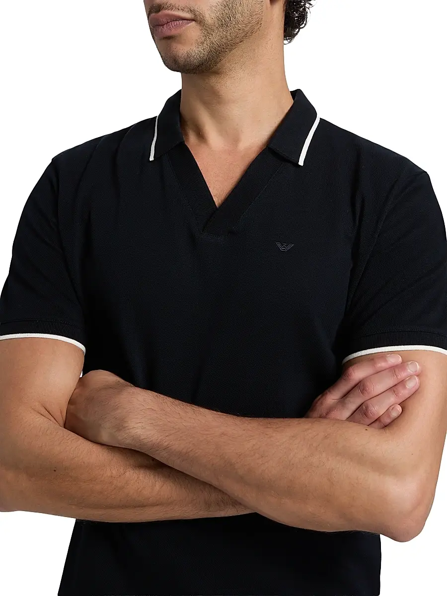 Emporio Armani Men's Piped Trim Cotton Johnny Collar Polo Shirt | Thumbnail 6