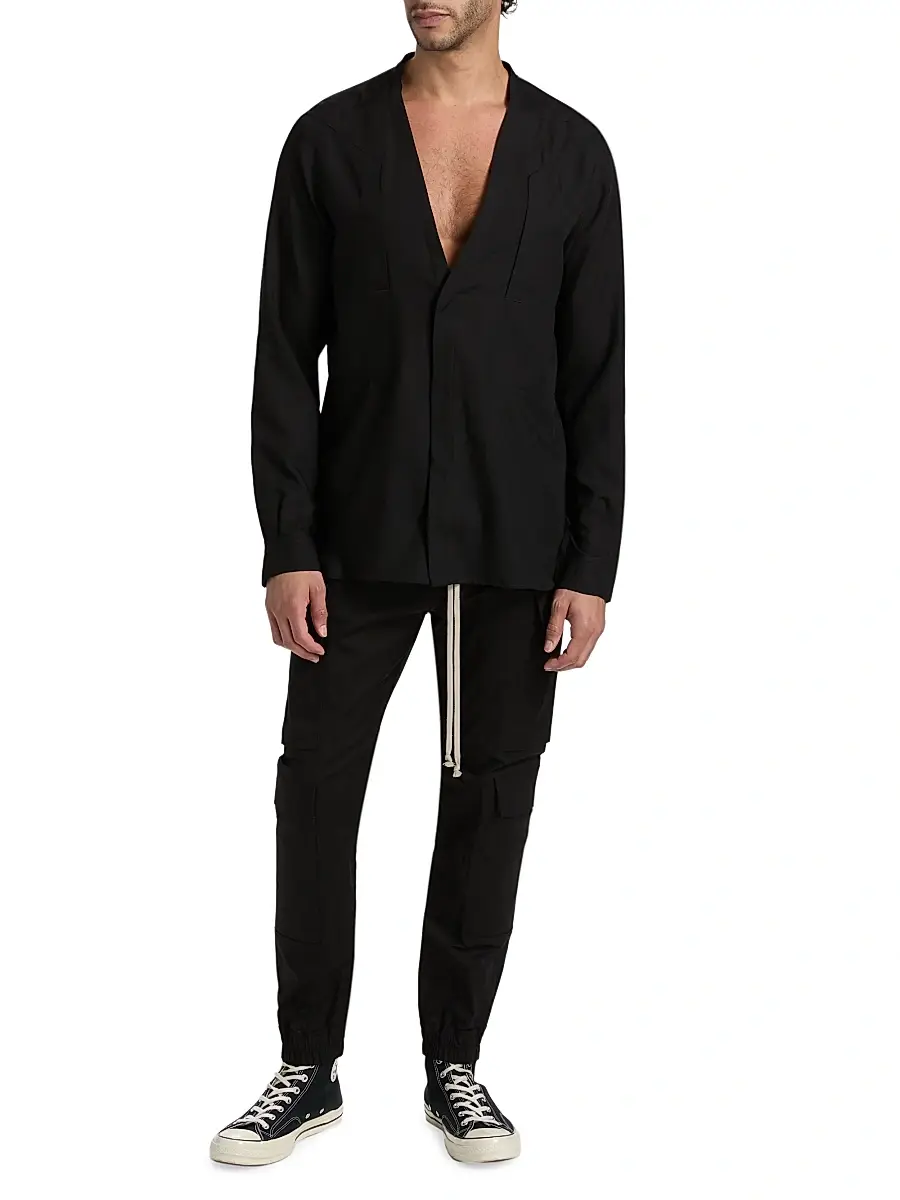 Rick Owens Men's Larry Fogpocket Surplice V-Neck Wool Shirt | Thumbnail 2 Rick Owens Men's Larry Fogpocket Surplice V-Neck Wool Shirt | Thumbnail 2