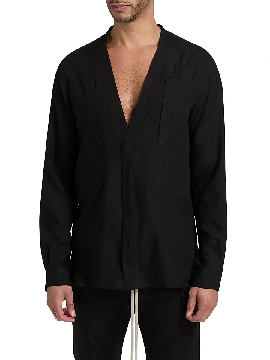 Rick Owens Men's Larry Fogpocket Surplice V-Neck Wool Shirt | Thumbnail 3 Rick Owens Men's Larry Fogpocket Surplice V-Neck Wool Shirt | Thumbnail 3
