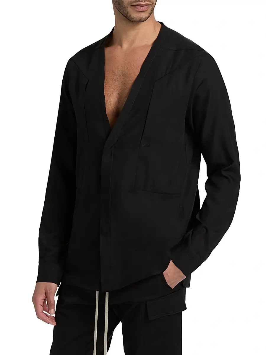 Rick Owens Men's Larry Fogpocket Surplice V-Neck Wool Shirt | Thumbnail 4 Rick Owens Men's Larry Fogpocket Surplice V-Neck Wool Shirt | Thumbnail 4