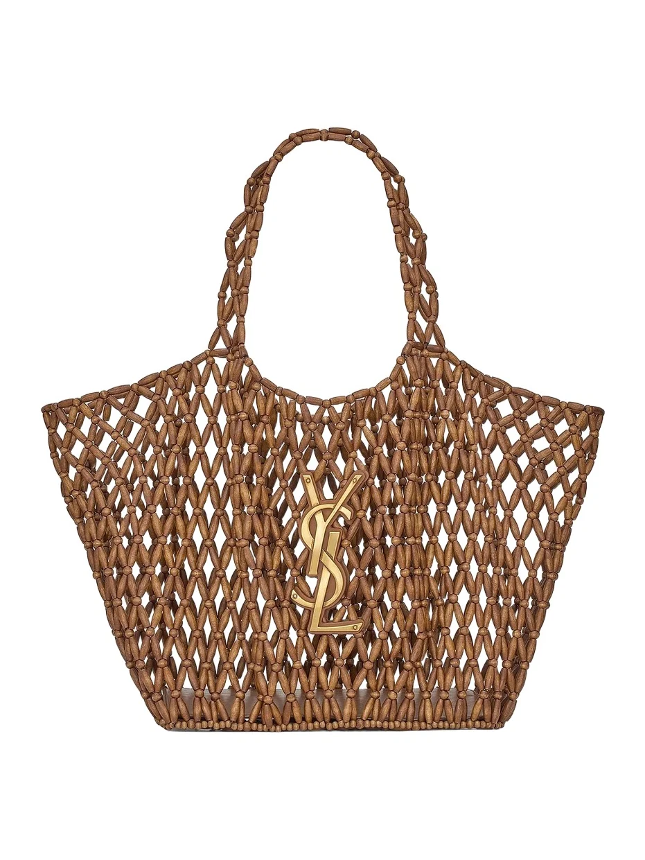 Saint Laurent Women's Icare Medium Totes in Wood Beads - Light Wood And Brick
