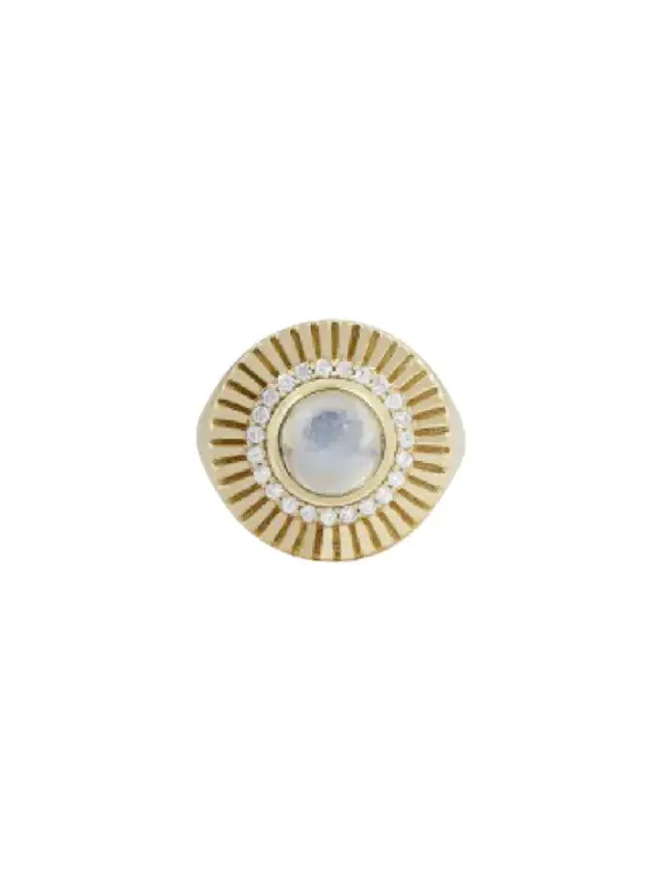 2.94ct Diamond Moon Stone 14K Gold Fluted Ring