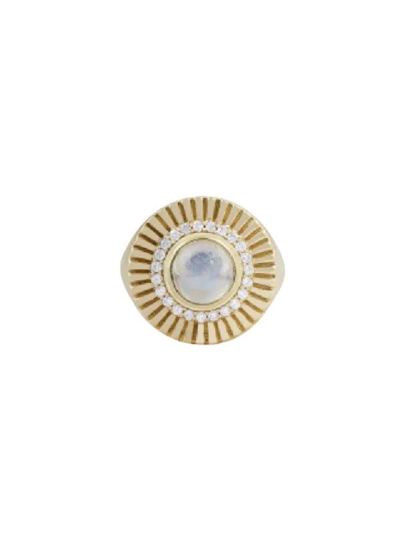 2.94ct Diamond Moon Stone 14K Gold Fluted Ring