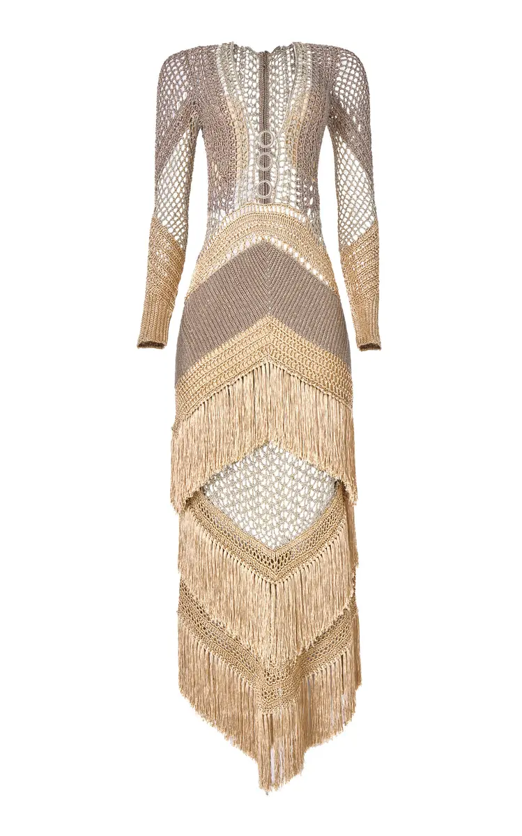 Andrea Almeida Clara Fringe Tiered Crocheted Maxi Dress