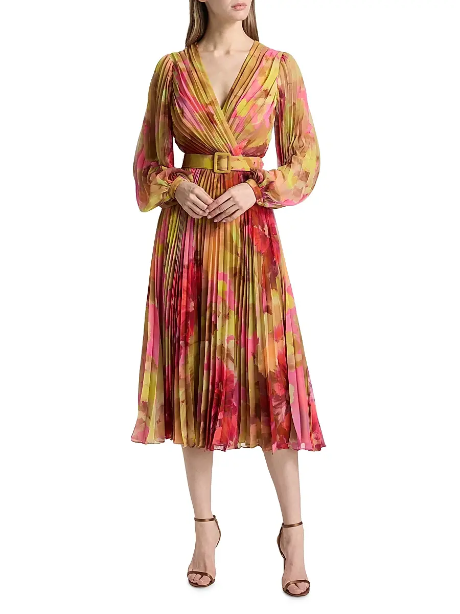 BADGLEY MISCHKA Women's Floral Pleated Belted Midi-Dress | Thumbnail 2