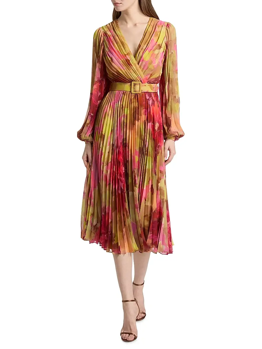 BADGLEY MISCHKA Women's Floral Pleated Belted Midi-Dress | Thumbnail 3