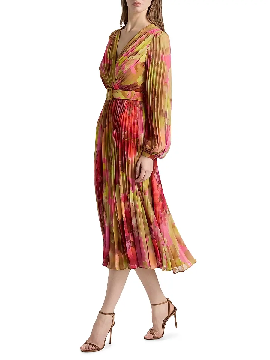 BADGLEY MISCHKA Women's Floral Pleated Belted Midi-Dress | Thumbnail 4