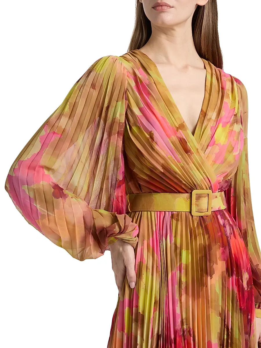 BADGLEY MISCHKA Women's Floral Pleated Belted Midi-Dress | Thumbnail 6