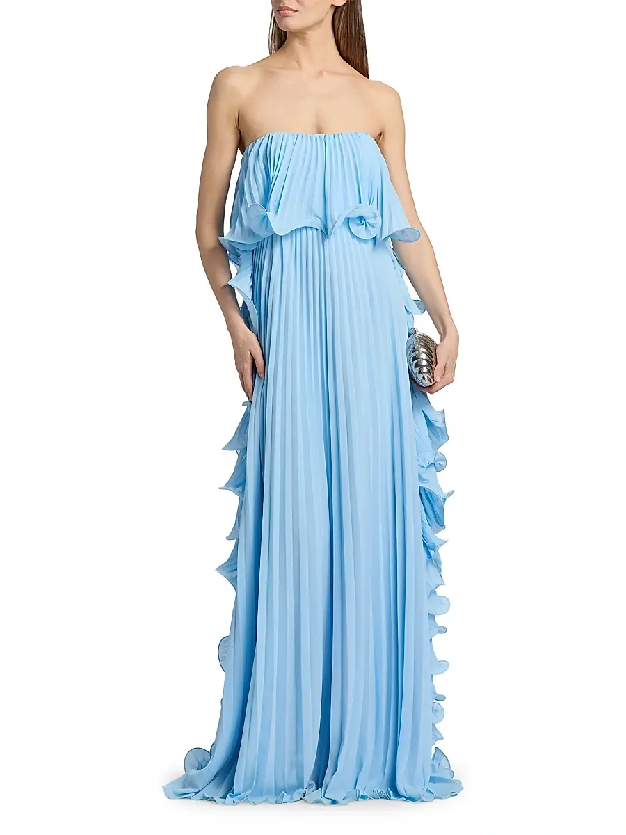 BADGLEY MISCHKA Women's Soft Pleated Frill Strapless Gown | Thumbnail 3 BADGLEY MISCHKA Women's Soft Pleated Frill Strapless Gown | Thumbnail 3