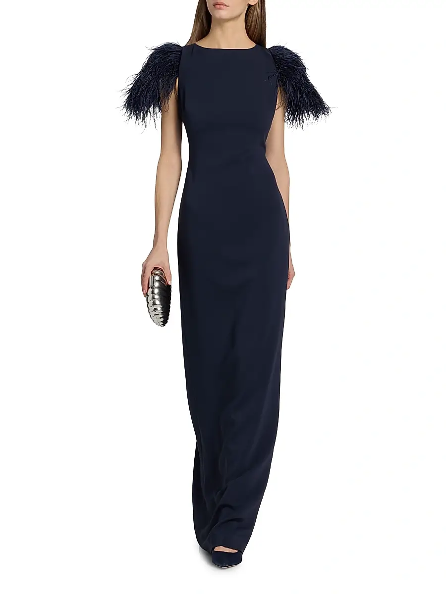 BADGLEY MISCHKA Women's Feather Cuff Odessa Crepe Column Gown | Thumbnail 2