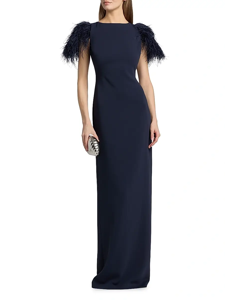 BADGLEY MISCHKA Women's Feather Cuff Odessa Crepe Column Gown | Thumbnail 3