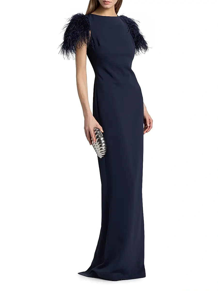 BADGLEY MISCHKA Women's Feather Cuff Odessa Crepe Column Gown | Thumbnail 4