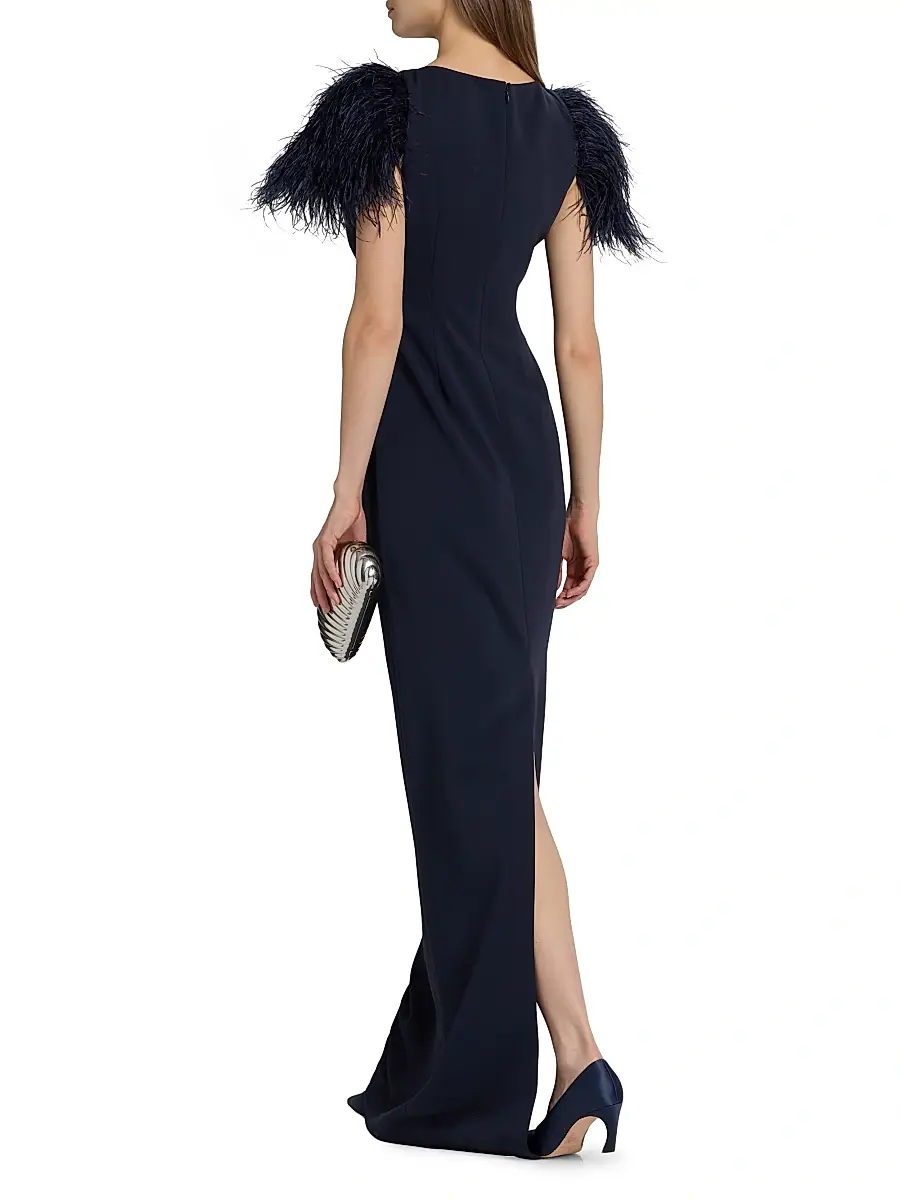 BADGLEY MISCHKA Women's Feather Cuff Odessa Crepe Column Gown | Thumbnail 5