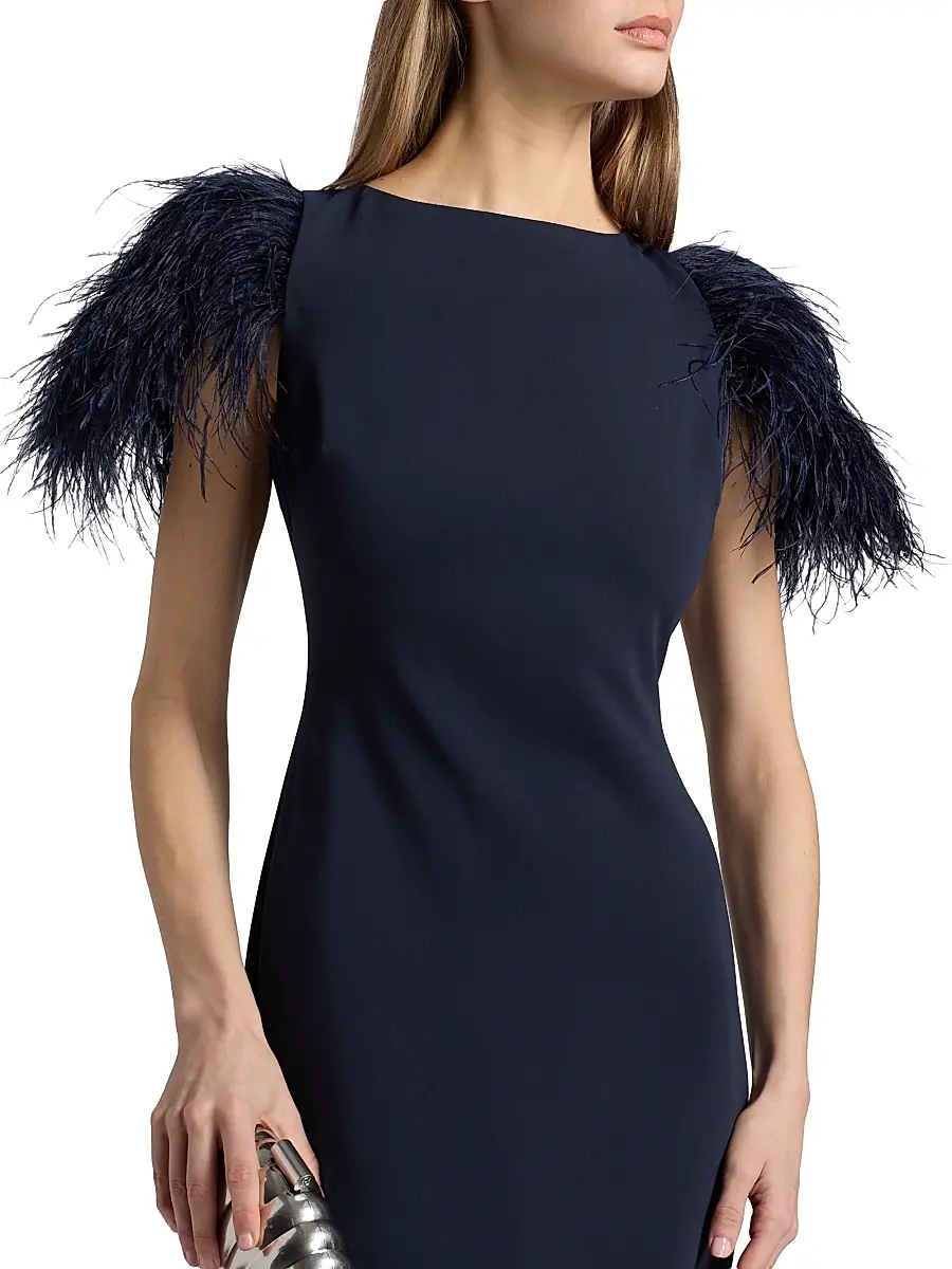 BADGLEY MISCHKA Women's Feather Cuff Odessa Crepe Column Gown | Thumbnail 6