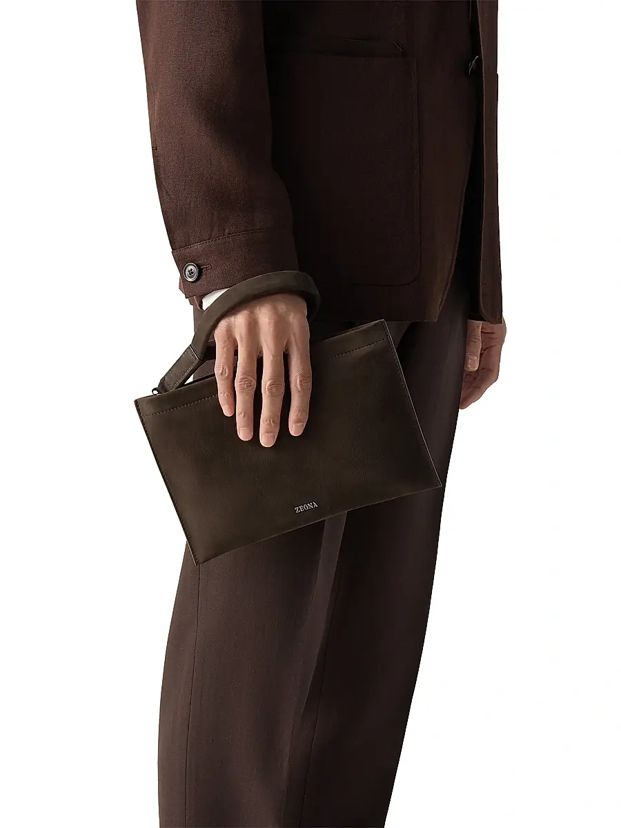 ZEGNA Men's Secondskin Leather Mini Pouch - Dark Brown | Thumbnail 5 ZEGNA Men's Secondskin Leather Mini Pouch - Dark Brown | Thumbnail 5