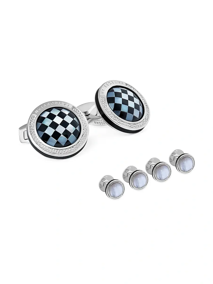 Tateossian Men's Mosaic Dome 6-Piece Onyx & Sterling Silver Stud & Cufflink Set - Silver | Image 1 Tateossian Men's Mosaic Dome 6-Piece Onyx & Sterling Silver Stud & Cufflink Set - Silver | Image 1