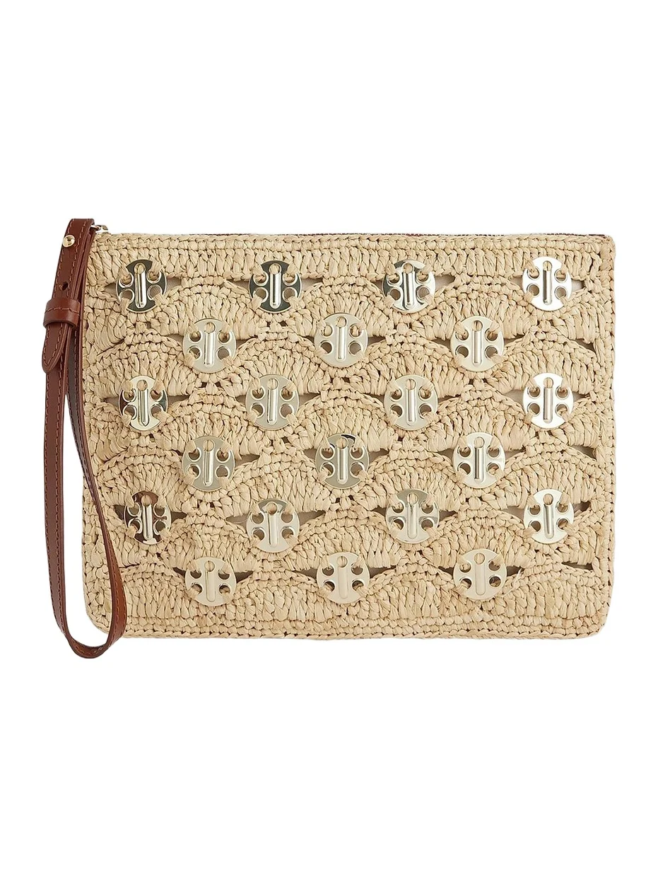 Women's Embellished Raffia Wristlet Pouch