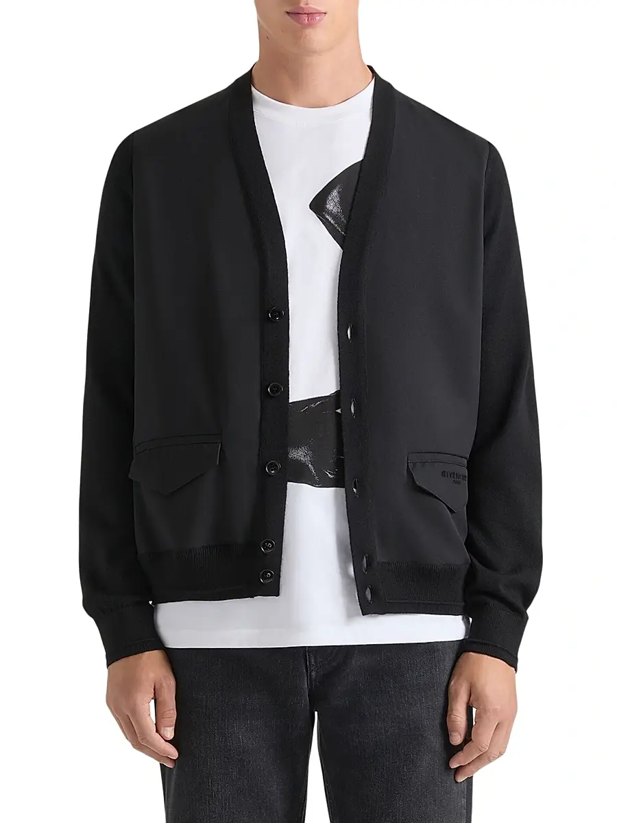 Givenchy Men's Cardigan in Cotton Knit with Paris Jacquard - Black | Thumbnail 2 Givenchy Men's Cardigan in Cotton Knit with Paris Jacquard - Black | Thumbnail 2