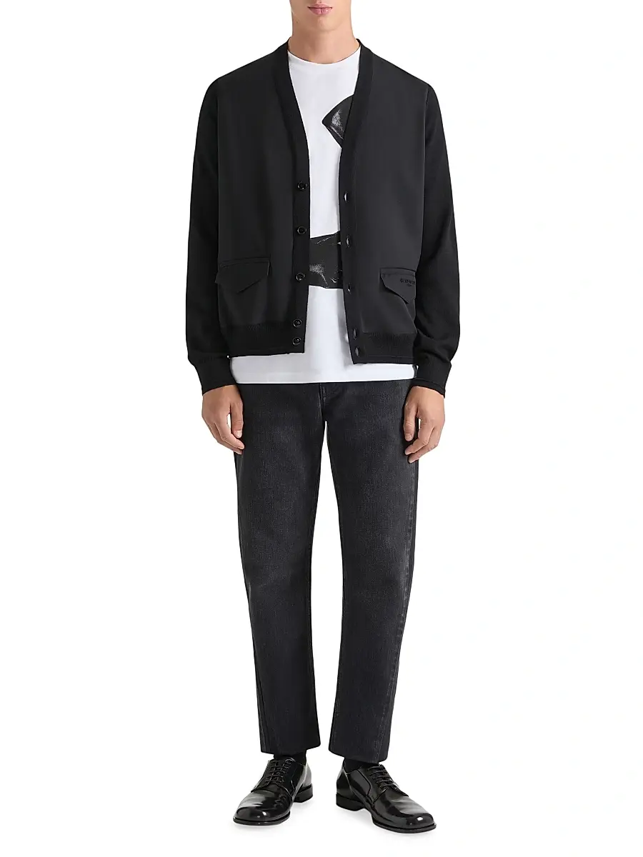 Givenchy Men's Cardigan in Cotton Knit with Paris Jacquard - Black | Thumbnail 4 Givenchy Men's Cardigan in Cotton Knit with Paris Jacquard - Black | Thumbnail 4