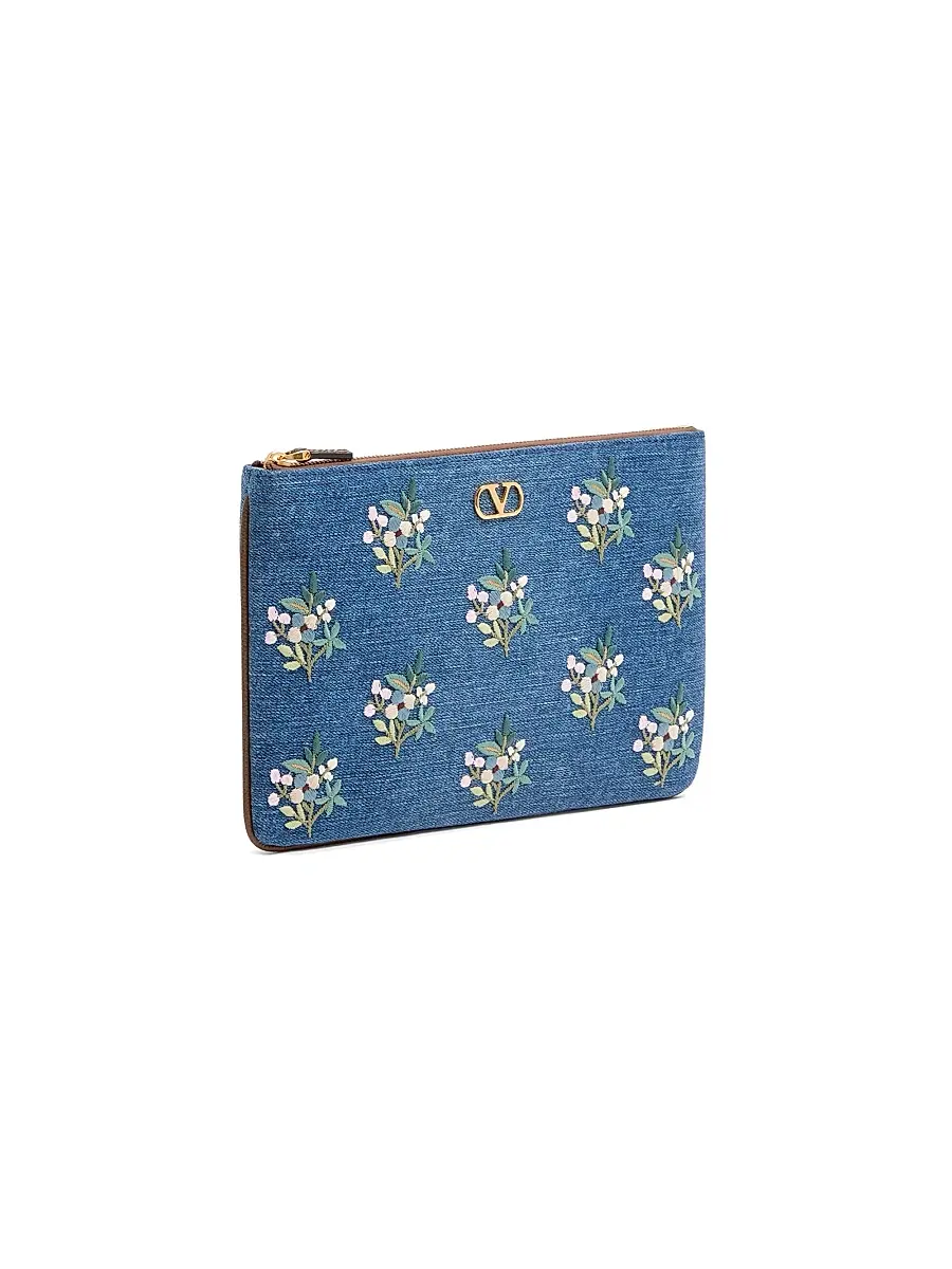 Valentino Women's VLogo Signature Clutch Bag in Denim with Floral Embroidery - Denim | Thumbnail 2
