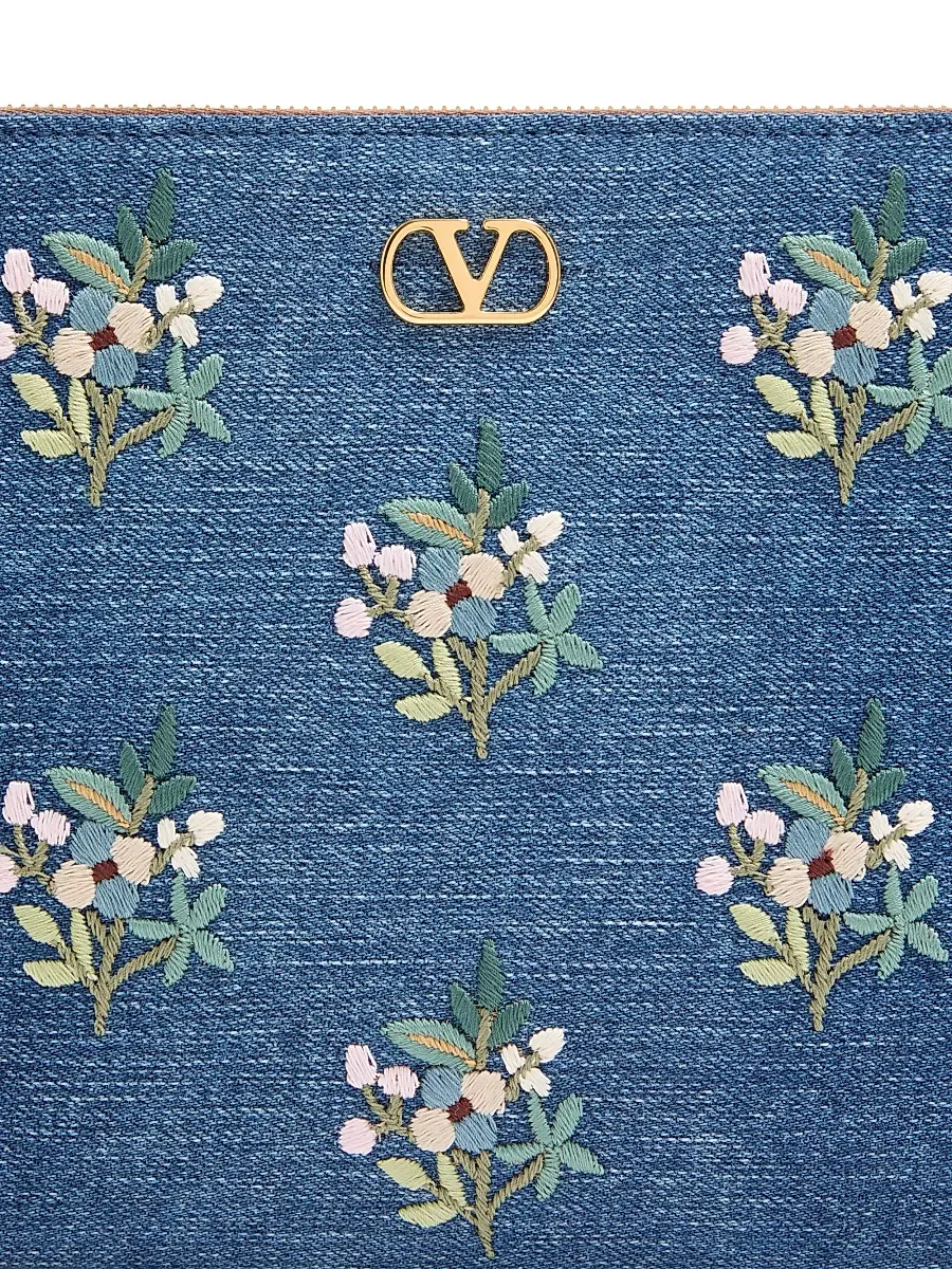Valentino Women's VLogo Signature Clutch Bag in Denim with Floral Embroidery - Denim | Thumbnail 6