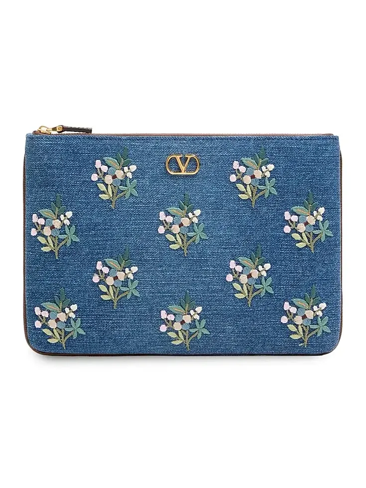 Women's VLogo Signature Clutch Bag in Denim with Floral Embroidery - Denim Women's VLogo Signature Clutch Bag in Denim with Floral Embroidery - Denim