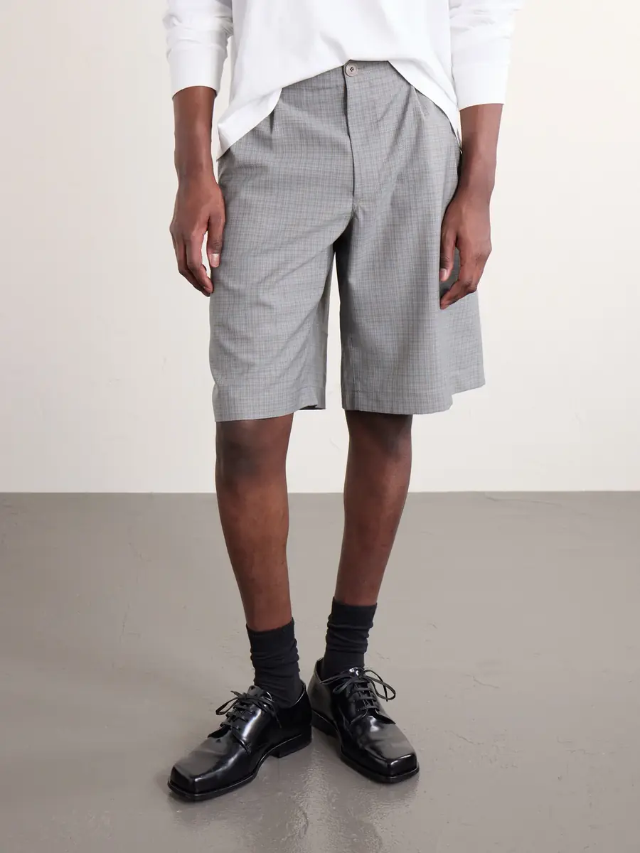 Our Legacy Ponte Straight-Leg Pleated Checked Grain de Poudre Shorts - Men | Thumbnail 3